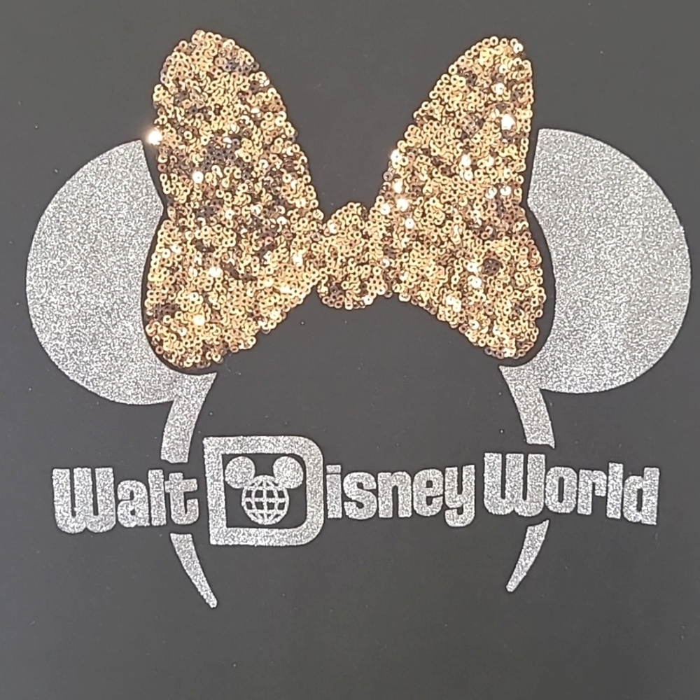 DISNEY PARKS Rose Gold Sequined Bow w/Sparkly Silver Ears Black Tee, size Large - Picture 3 of 5